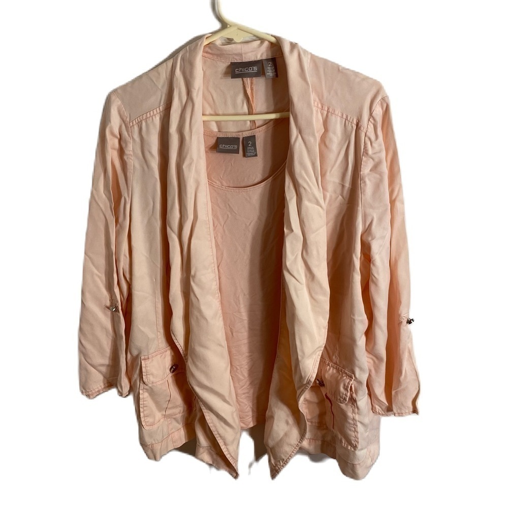 Chico’s Peach Jacket Cover Up & Tank Top Sz 2 Medium Orange Pink Lightweight